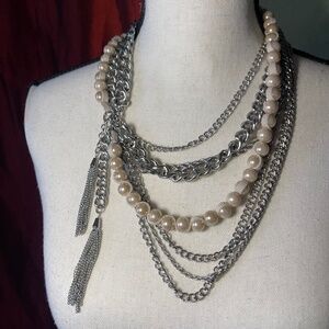 Multi Strand Silver Chain Necklace with Faux Pearls